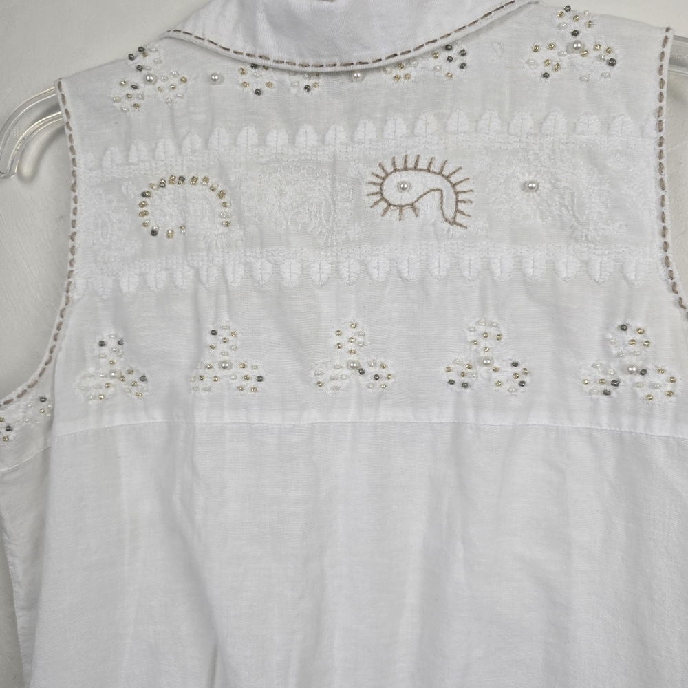 Charlie B Cottagecore Coastal Sleeveless Button Down Embroiderd Beads Blouse M - Picture 5 of 12